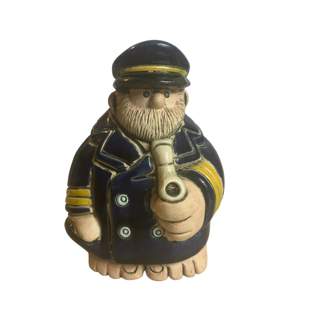 Vintage Navy Boat Captain Figurine Clay Art Nautical Pottery Signed Launa 70s